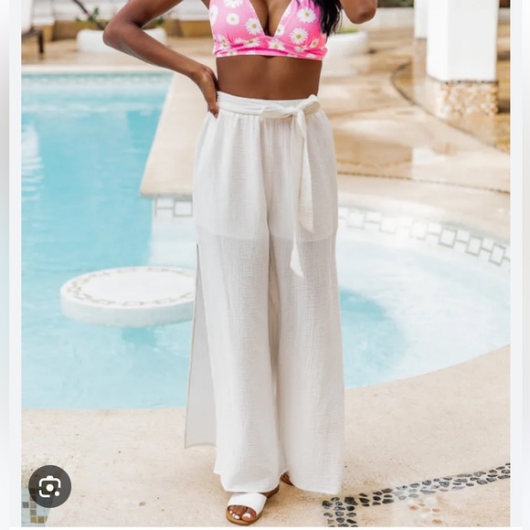 Pink Lily Pants - Pink Lily Got Enough Time Ivory Open Leg Belted Beach Pants